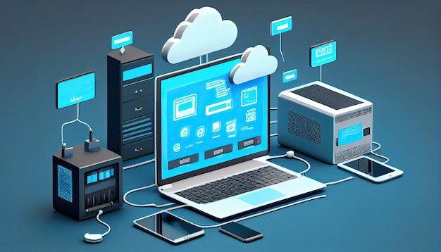 Cloud technology computing Devices connected to digital storage in the data center via the Internet IOT Smart Home Communication laptop tablet phone home devices with an online