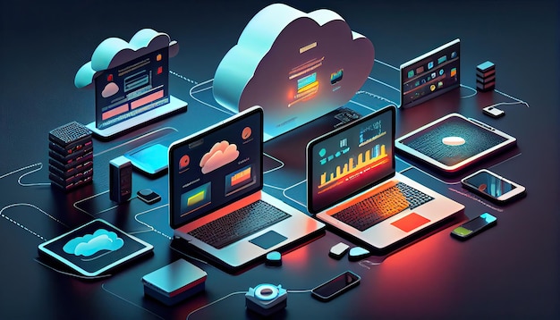 Cloud technology computing Devices connected to digital storage in the data center via the Internet IOT Smart Home Communication laptop tablet phone home devices with an online