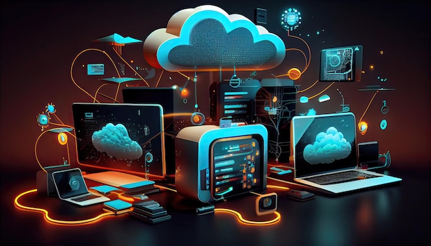 Cloud technology computing Devices connected to digital storage in the data center via the Internet IOT Smart Home Communication laptop tablet phone home devices with an online