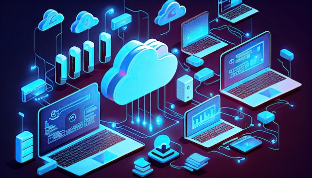 Cloud technology computing Devices connected to digital storage in the data center via the Internet IOT Smart Home Communication laptop tablet phone home devices with an online