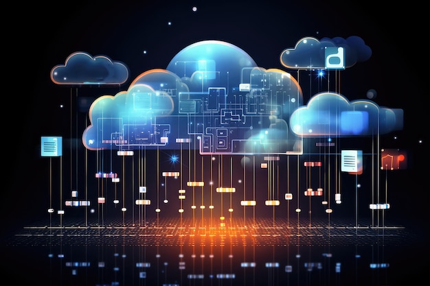 Cloud Technology Data Network Transfer Cloud Computing Digital Background Business Data Communication Server and Storage Generative AI Illustration