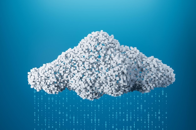 Cloud technology and data storage concept with white pixelate cloud and rain made up of binary code on blue background 3D rendering