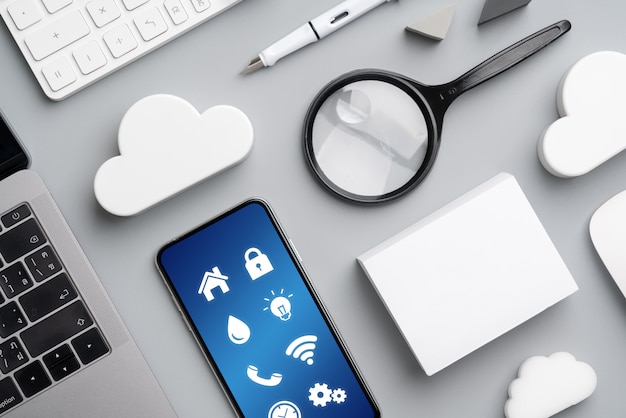 Cloud technology icon for global business concept on a desk from top view