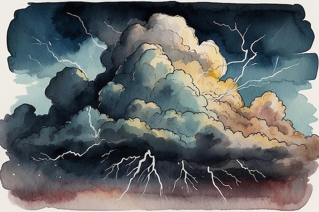 Cloud Thunder Lightning Handgetekende inkt waterverf