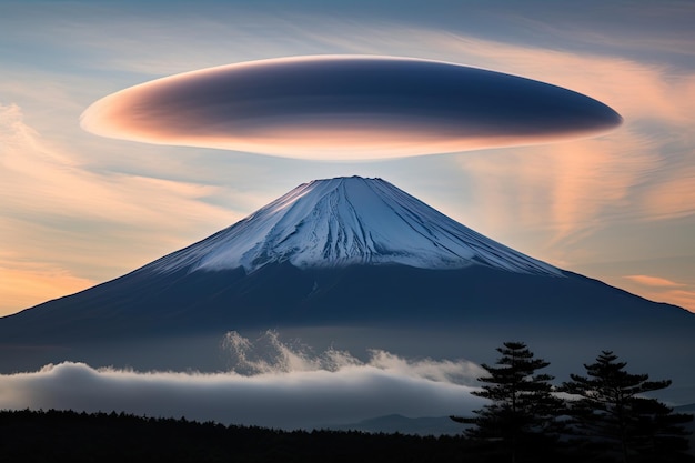 A cloud of an unusual round shape over the top of a mountain Generative AI