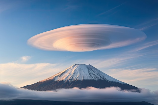 山の頂上にかかる珍しい丸い形の雲 生成AI