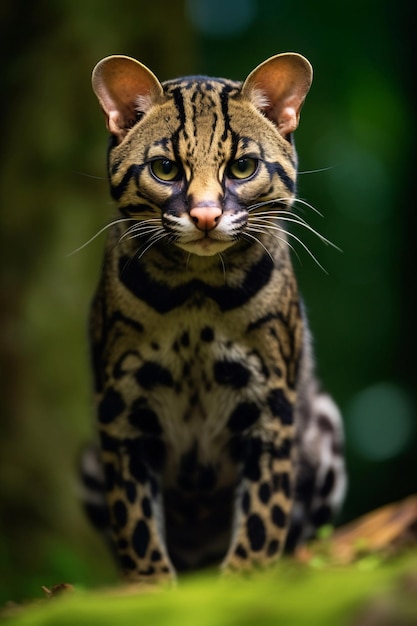 A clouded leopard sits on a tree branch.