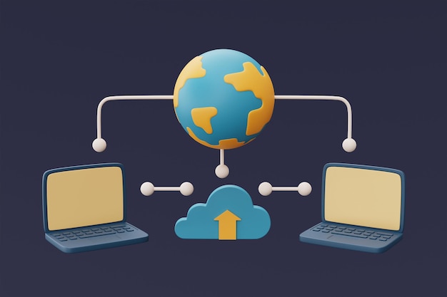 Cloudopslagtechnologieconcept met blauw wolkensymbool en computer gobal data sharing online databasetransfer data informationminimal style3D rendering