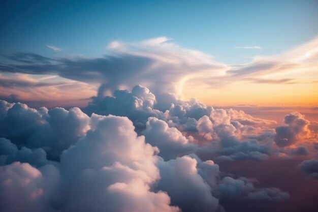 The clouds appear above a plane at sunset