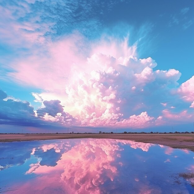 Photo clouds are reflected in a puddle of water on a sunny day generative ai