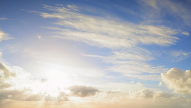 Clouds Beautiful landscape view of a cloudy blue sky in summer with copy space Natural background of fluffy cumulus clouds with copy space Atmosphere and climate on a sunny spring day