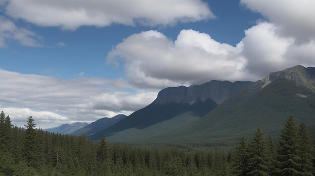 Clouds and big trees under huge mountains