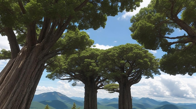 Clouds and big trees under huge mountains