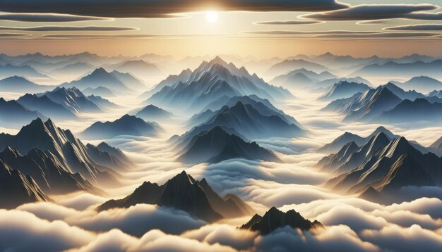 Clouds blanket the base of towering mountains under a sunrise sky Generative AI