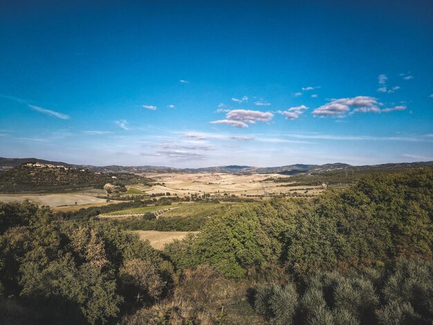 Clouds on blue sky over plains with forest photo