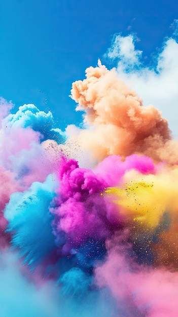 Clouds of colored smoke against a blue sky