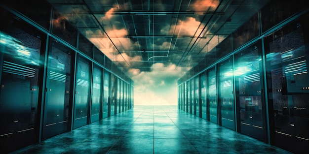 Clouds connected to a server room