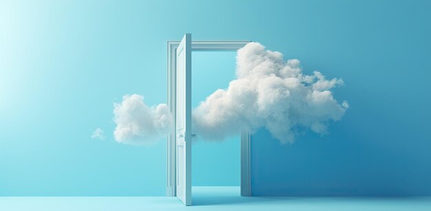 Photo clouds emerging from an open door on a blue background the concept of boundaries