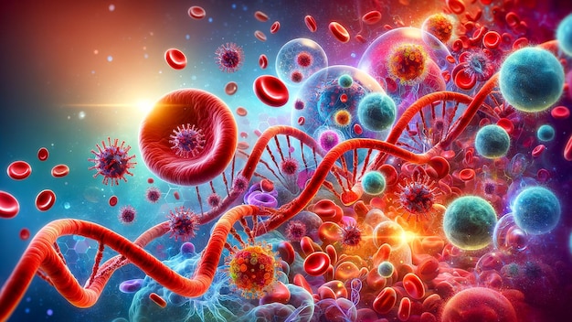 Clouds of germs viruses red blood cells white blood cells and DNA AI generated images