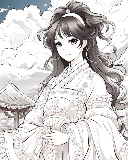 Clouds and Hanbok Lady Coloring Page