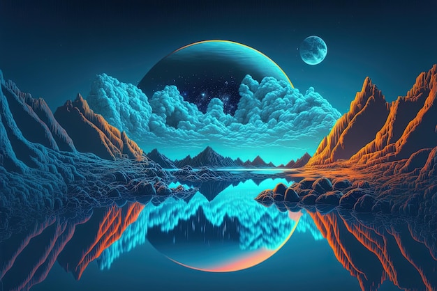 Clouds Imagined nighttime scene with mountains and clouds mirrored in the lake bright neon