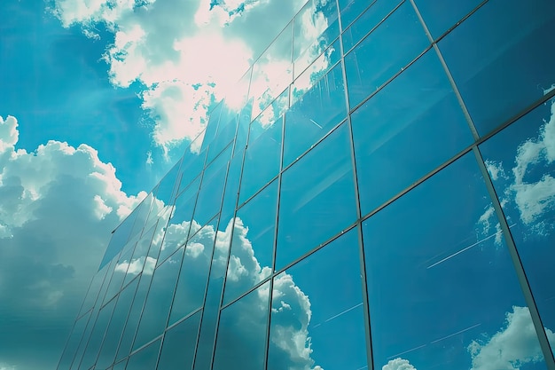 Clouds reflected in windows of modern office building