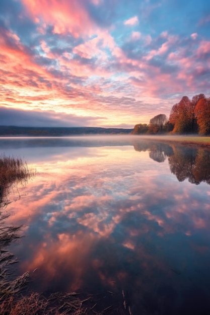 Clouds reflecting on a calm lake surface at dawn created with generative ai