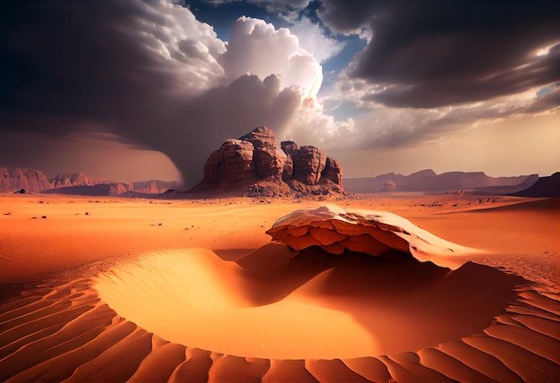 광활한 모래 사막 한가운데서 바위 주위로 모래 구름이 날립니다. Generative ai ilustration