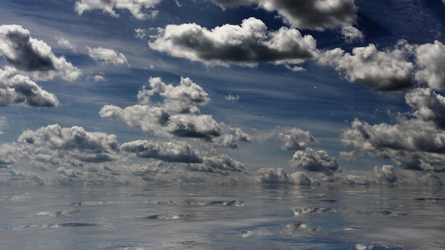 Облака и море в тумане. Драматический фон синего оттенка. 3D иллюстрация