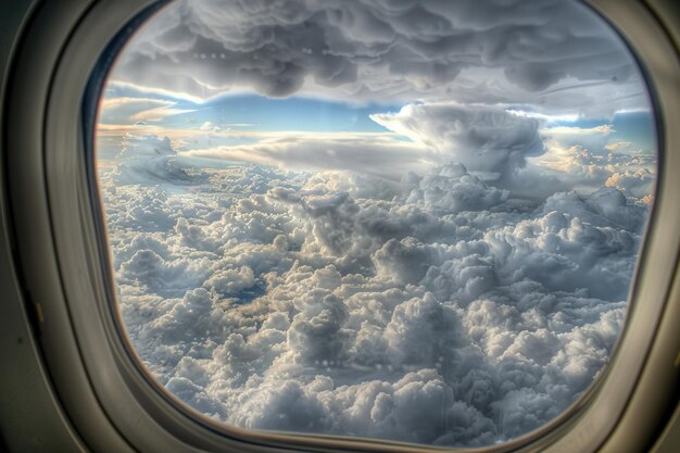 Photo clouds and sky as seen through window of an aircraft