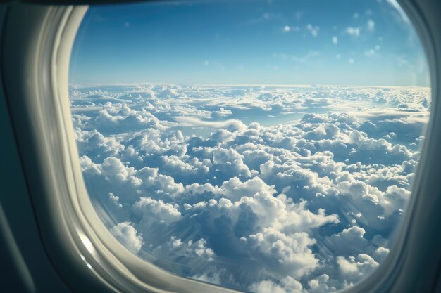 Photo clouds and sky as seen through window of an aircraft