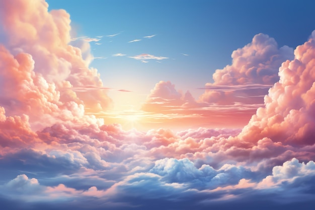 パステルカラーの背景に雲と空、空に描かれた美しいピンクの雲