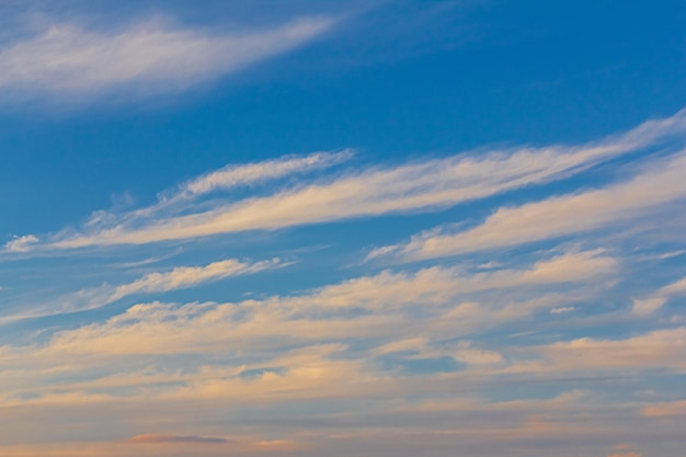 Clouds stretched across the blue sky in the rays of yellowgold from the setting sun