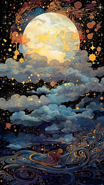 Clouds Sun Stars and Moon Illustration Wallpaper