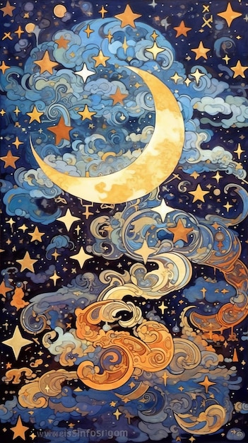 Clouds Sun Stars and Moon Illustration Wallpaper