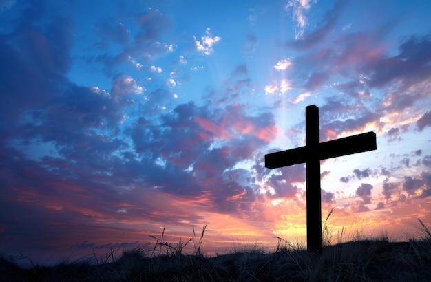 Clouds sunset and cross for religion spiritual and faith with silhouette and symbol for forgiveness