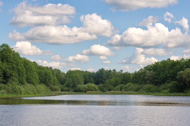 Clouds over the water of a forest lake on a May morning Moscow region Russia