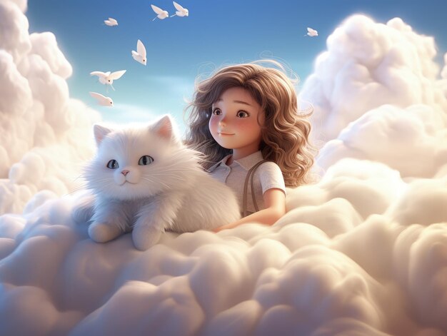 in the clouds a white cat in the sky is with a lovely girl