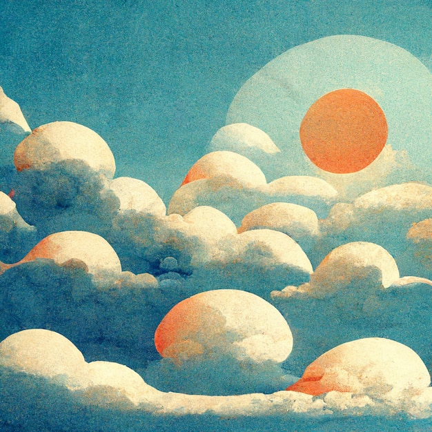 Cloudscape blue sky with clouds and sun retro art style