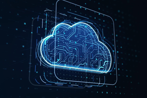 Cloudservice- en gegevensuitwisselingstechnologieconcept met perspectiefweergave op digitaal cloudsymbool gemaakt van microschakeling op donkere technologische achtergrond 3D-rendering