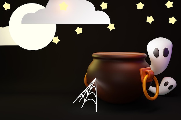 ОблакаЛунная звезда с котломПаутина и Летающий призрак на ХэллоуинСчастливого Хэллоуина или вечеринки октябрьский ужас страшныйМесто для текста3D рендеринг иллюстрации