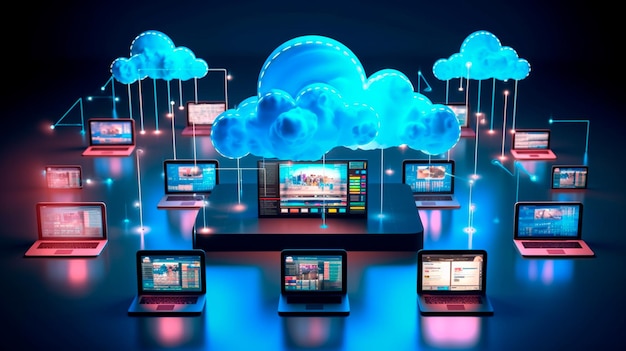 Cloudtechnologie computing Apparaten verbonden met digitale opslag in het datacenter via internet IOT Smart Home Communicatie laptop tablet telefoon thuisapparaten met een online Generatieve AI