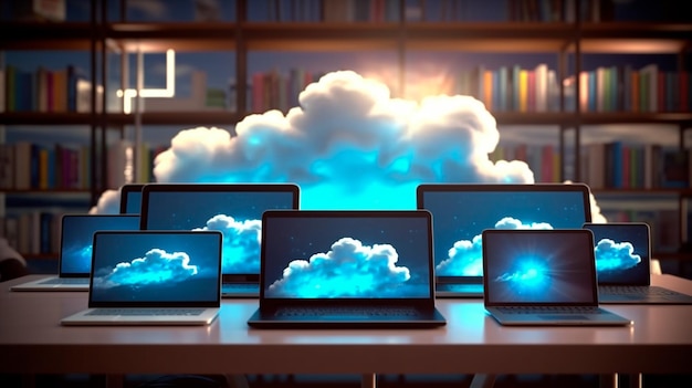 Cloudtechnologie computing Apparaten verbonden met digitale opslag in het datacenter via internet IOT Smart Home Communicatie laptop tablet telefoon thuisapparaten met een online Generatieve AI