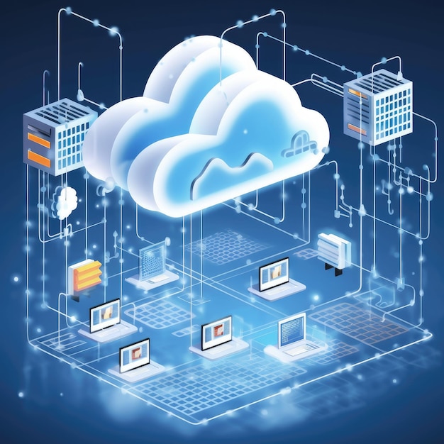 Cloudtechnologie computing Verbonden met digitale opslag in het datacenter via internet Generatieve AI