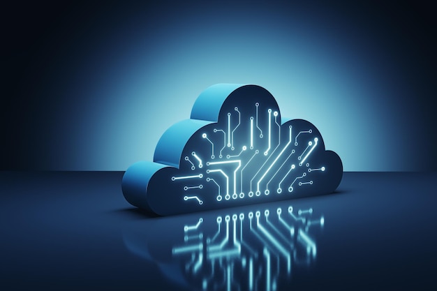 Cloudtechnologie gegevensuitwisseling en opslagconcept met digitaal cloudsymbool met circuit op donkerblauwe abstracte technologische achtergrond 3D-rendering mockup