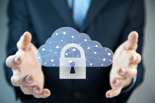 Cloudtechnologie Veelhoekig wireframe cloudopslagbord met hangslot
