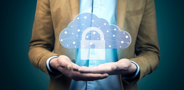 Cloudtechnologie Veelhoekig wireframe cloudopslagbord met hangslot