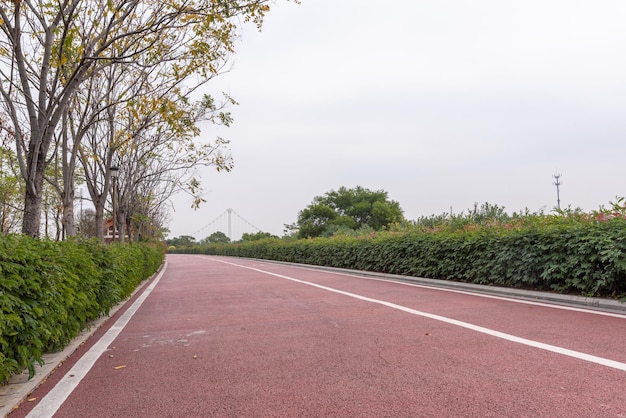 On a cloudy day, the red asphalt runway in the park