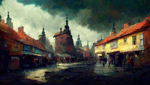 Cloudy European village concept art illustration