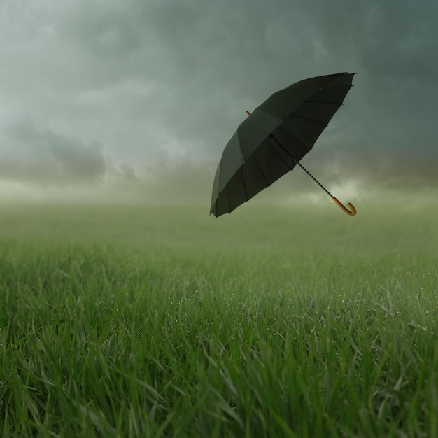 Cloudy landscape with umbrella carried away by the wind